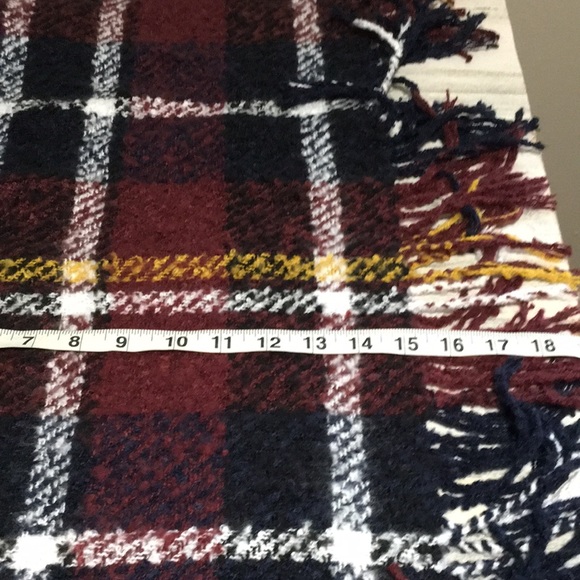Navy burgundy yellow white plaid infinity scarf with fringe. - Picture 4 of 4